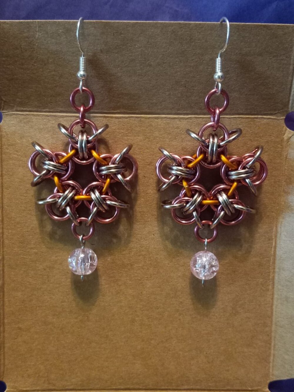 Pink, orange, & champagne snowflake chain mail earrings